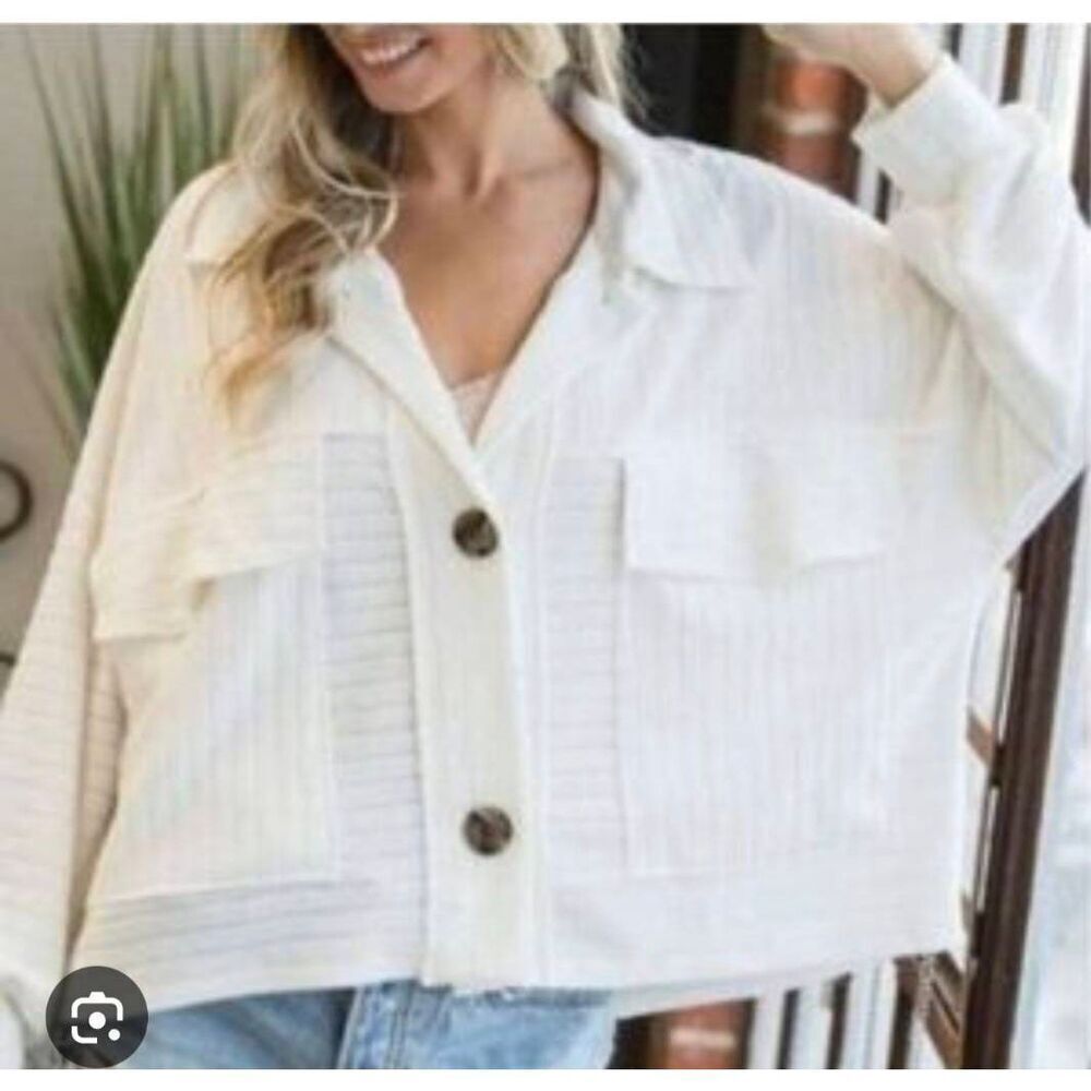 Bucket List White Oversized Textured Shacket Shirt Jacket